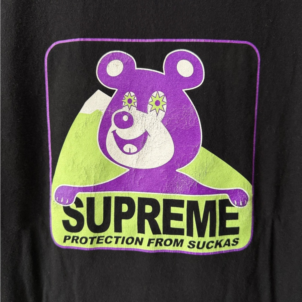 Supreme Black Tee with Purple Bear and Lime Graphic